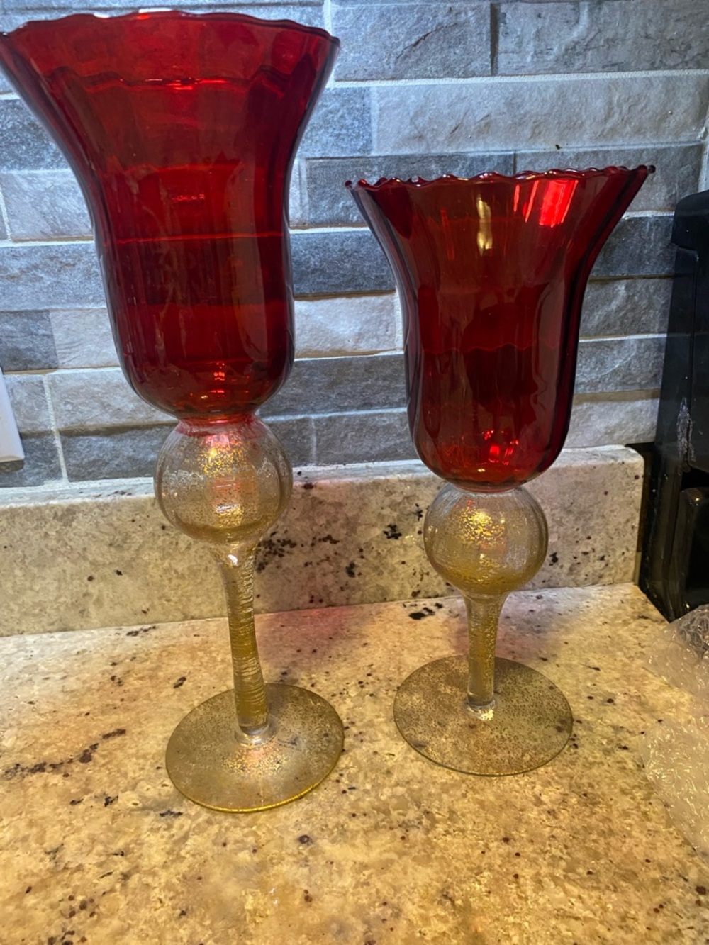 Decorative Red and Gold‎ Glass Hurricane Vases - Pair